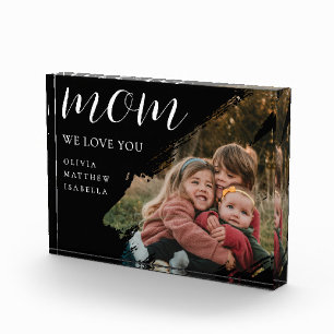 Black Modern Brushstroke Script We Love You Mom Photo Block