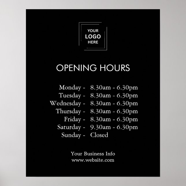 Black Modern Business Logo Opening Hours Display Poster (Front)