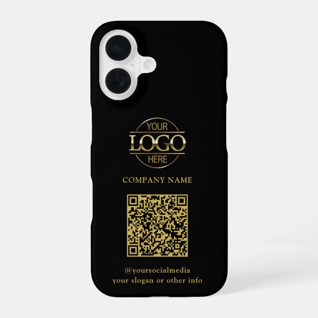 Black Modern Business Logo & QR Code Promotional iPhone 16 Case (Back)