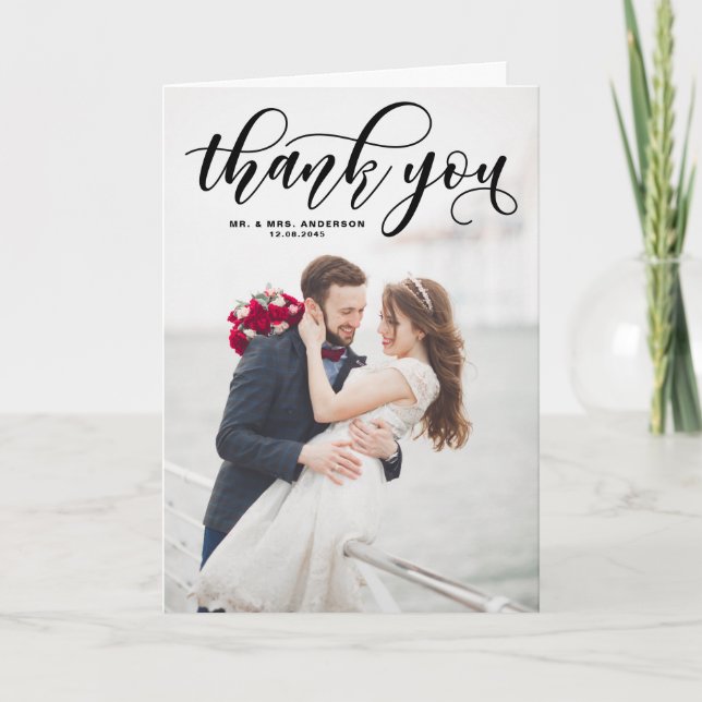 Black Modern Calligraphie Mariage Photo Merci (Devant)