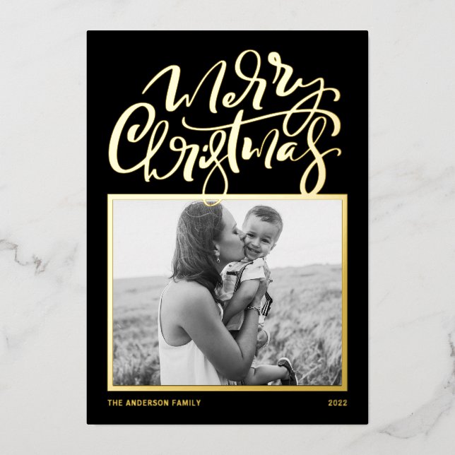 Black Modern Calligraphy Photo Merry Christmas Foil Holiday Card (Front)
