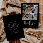 Black Modern Calligraphy Wedding Three Photo Thank You Card<br><div class="desc">This black three photo calligraphy wedding thank you card features your wedding photos,  with calligraphy script overlay. Customize your special wedding thank you on the back,  or remove it to leave the back blank for your handwritten message of thanks.</div>