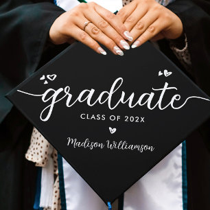 Black Modern Chic Elegant Script Hearts Name Class Graduation Cap Topper