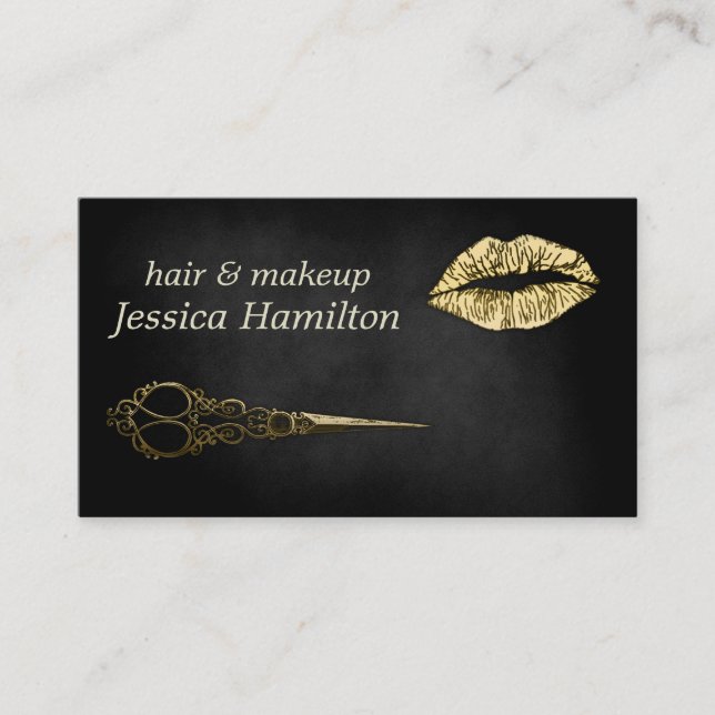 Black modern chic faux gold lips scissors business card (Front)
