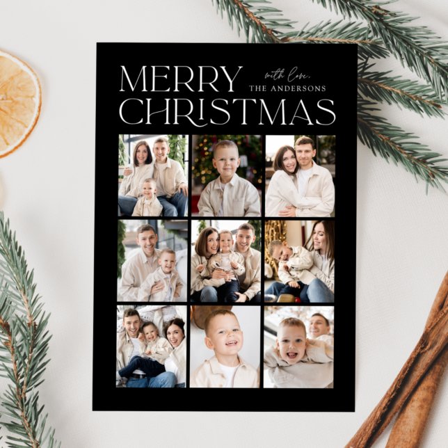 Black Modern Christmas 9 Photo Collage Holiday Card (Creator Uploaded)