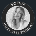 Black Modern Classic Happy 21st Birthday Photo Classic Round Sticker<br><div class="desc">Cute 21st Birthday Happy Birthday Custom black and white Photo stickers for your son or daughter's birthday party. They feature a cute customizable text and image. Perfect for invitations and party bag goodies.</div>