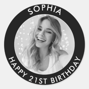 Black Modern Classic Happy 21st Birthday Photo Round Sticker