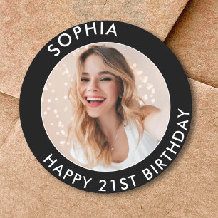 Black Modern Classic Happy 21st Birthday Photo Round Sticker