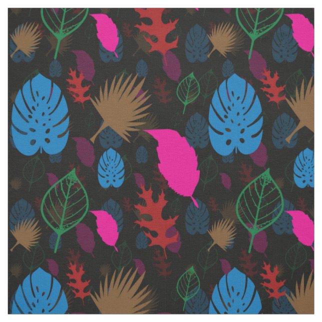 Black Modern Colourful Leaf Abstract Pattern Fabric (Swatch)