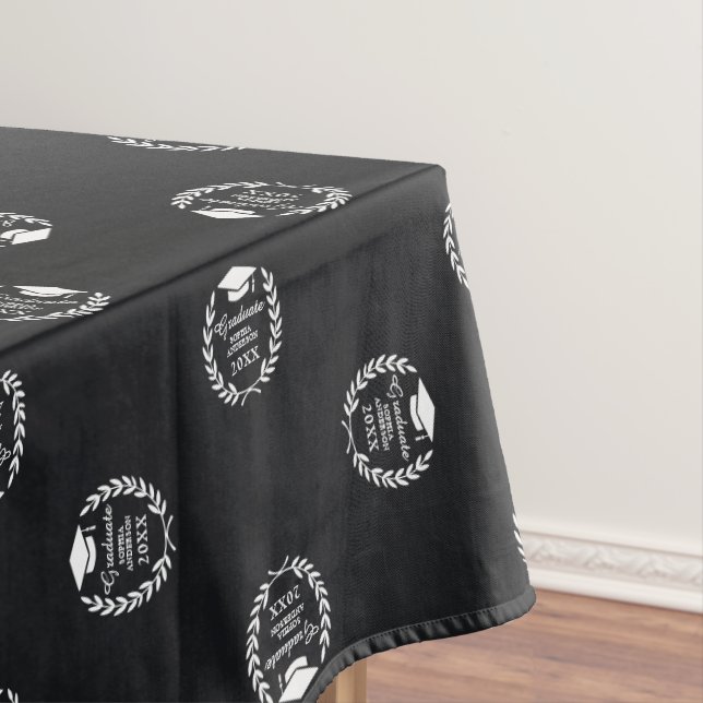 Black Modern Custom School Logo Pattern Graduation Tablecloth (In Situ)