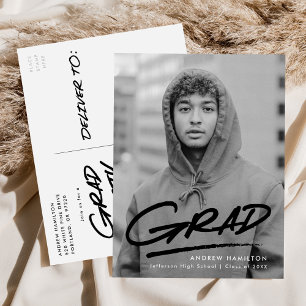 Black Modern Dashed Grad Photo Graduation Party Invitation Postcard