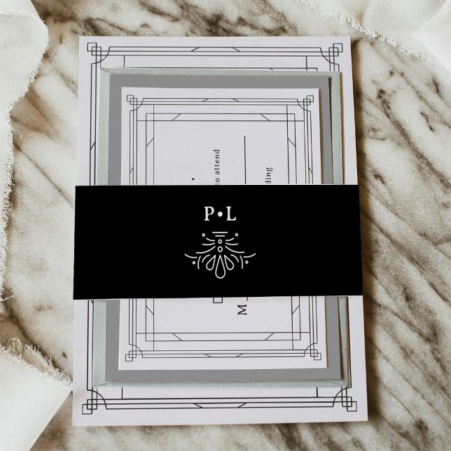 Black Modern Deco | Elegant Monogram Wedding Invitation Belly Band (Creator Uploaded)
