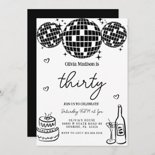 Black Modern Disco Ball 30rd Birthday Party Invitation