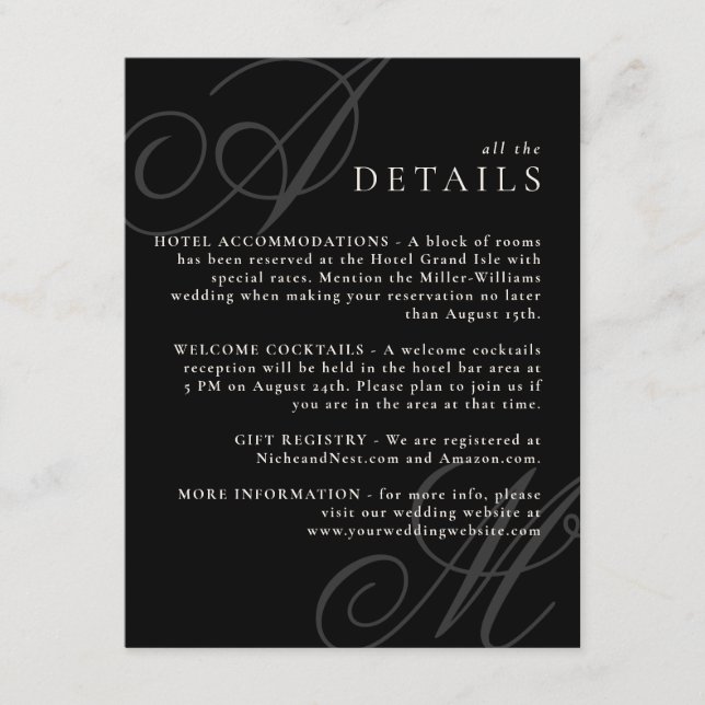Black Modern Edge Elegant Monogram Wedding Details Enclosure Card (Front)