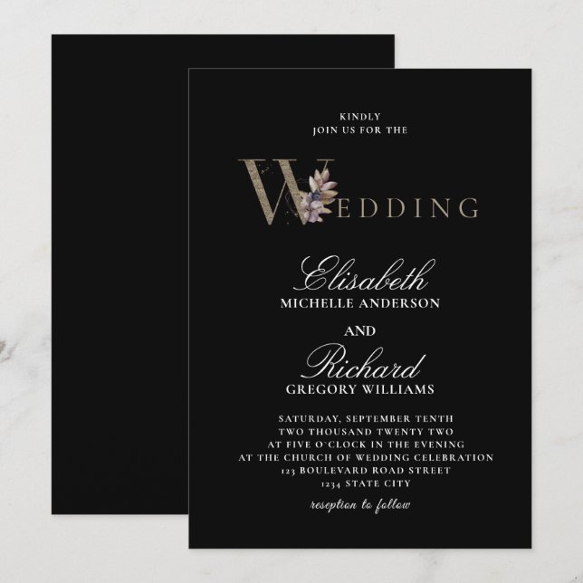 Black Modern Elegance Orchide Faire-part de mariag (Devant / Derrière)