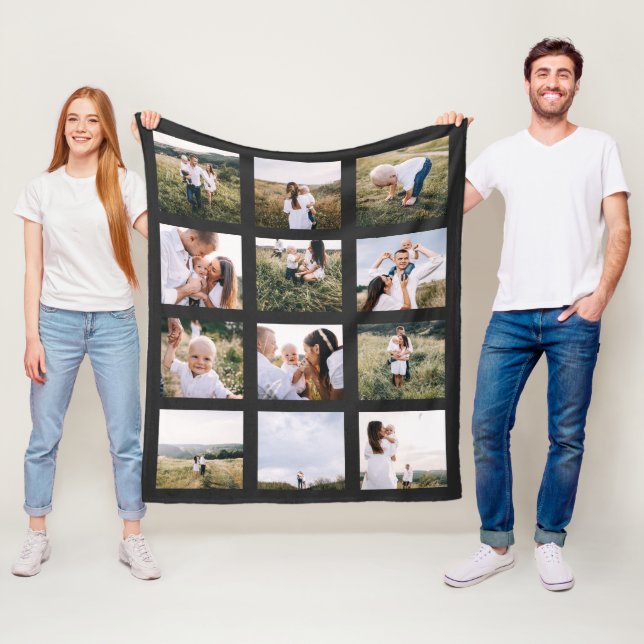 black modern elegant 12 photo personalized modern fleece blanket (In Situ)