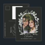 Black modern elegant botanical green photo holiday postcard<br><div class="desc">Black modern elegant botanical green grey simply classy botanical arch photo holiday christmas design.</div>