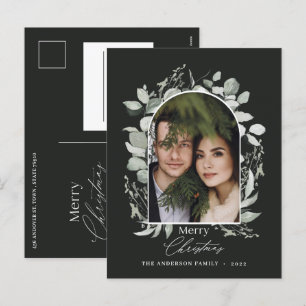 Black modern elegant botanical green photo holiday postcard