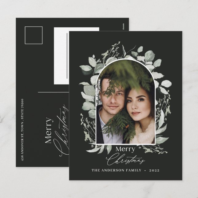 Black modern elegant botanical green photo holiday postcard (Front/Back)