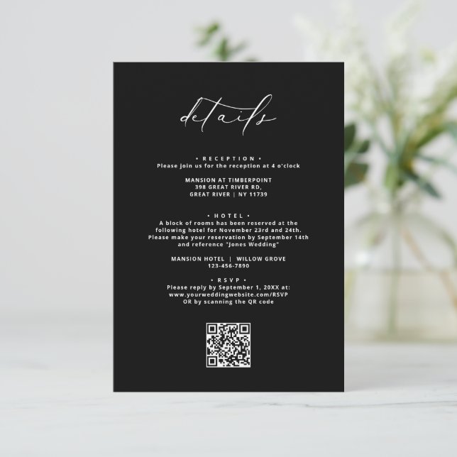 Black Modern Elegant Calligraphy Wedding Details Enclosure Card (Standing Front)