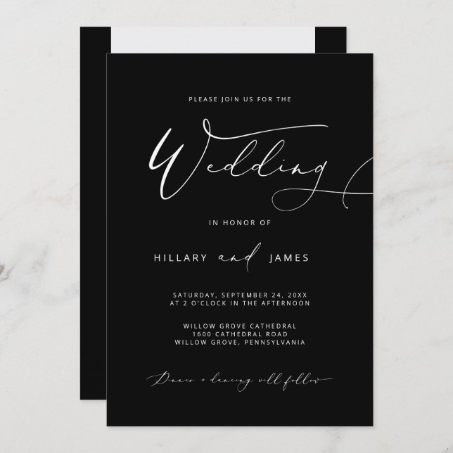 Black Modern Elegant Calligraphy Wedding Invitation (Front/Back)