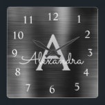Black Modern Elegant Metallic Monogram Name Square Wall Clock<br><div class="desc">Modern and Elegant Black Faux Stainless Steel Foil Monogram Name and Initial Personalized Custom Wall Clock. The Wall Clock makes the perfect gift for someone who loves trendy chic metallic decor to give as a Christmas or Birthday Gift.</div>