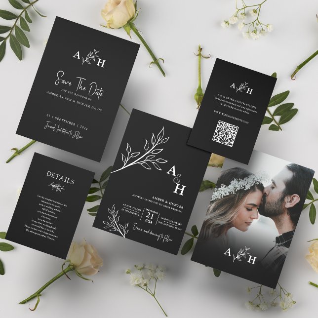 Black Modern Elegant Monogram Foliage Photo Invitation (Creator Uploaded)