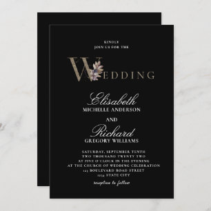 Black Modern Elegant Orchide Wedding Invitation