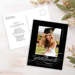 Black Modern Elegant Script Photo Graduation Party Postcard