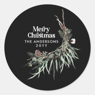 Black modern elegant watercolor botanical classic round sticker