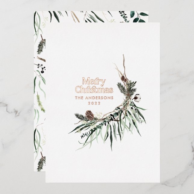 Black modern elegant watercolor botanical rustic foil holiday card (Front/Back)