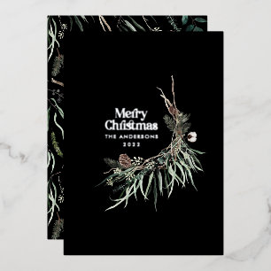 Black modern elegant watercolor botanical rustic foil holiday card