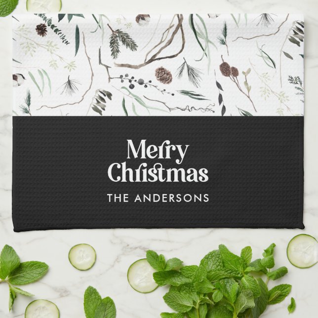 Black modern elegant watercolor botanical rustic k kitchen towel (Folded)