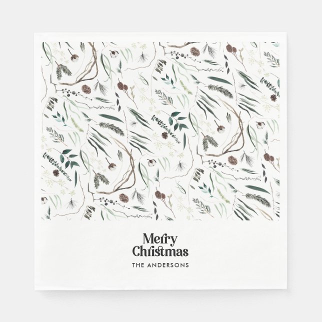 Black modern elegant watercolor botanical rustic napkin (Front)