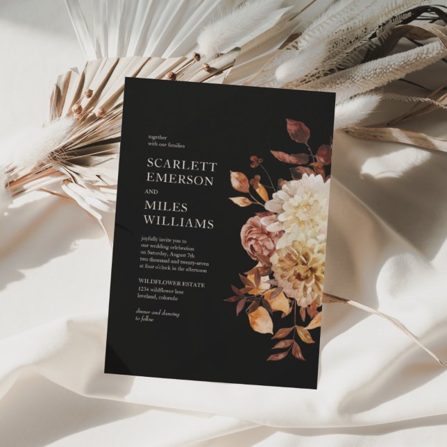 Black Modern Fall Terracotta Floral Wedding Invitation (Creator Uploaded)