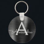 Black Modern Faux Stainless Steel Monogram Keychain<br><div class="desc">Modern and Elegant Black Faux Stainless Steel Metallic Elegant Keychain. These Keychains can be customized to include your initial and first name. These key chains make great birthday,  bridal shower or bachelorette party favours.</div>