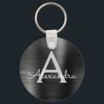 Black Modern Faux Stainless Steel Monogram Keychain<br><div class="desc">Modern and Elegant Black Faux Stainless Steel Metallic Elegant Keychain. These Keychains can be customized to include your initial and first name. These key chains make great birthday,  bridal shower or bachelorette party favours.</div>