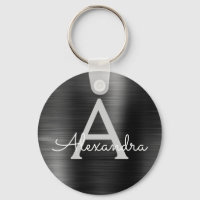Black Modern Faux Stainless Steel Monogram