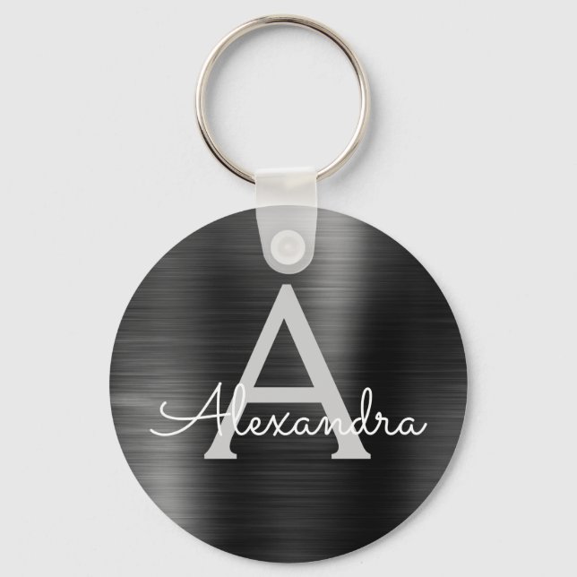 Black Modern Faux Stainless Steel Monogram Keychain (Front)