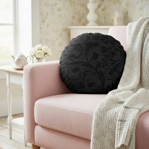 Black Modern Floral Velvet Round Pillow