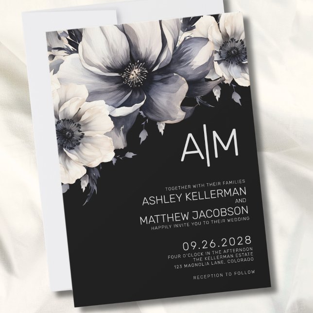 Black Modern Floral Wedding Invitation (Modern Black White Initial Monogram Floral Wedding Invitation)