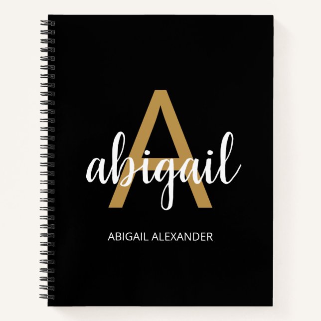 Black Modern Girly Gold Monogram Name Notebook (Front)