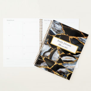black modern glitter gold marble planner