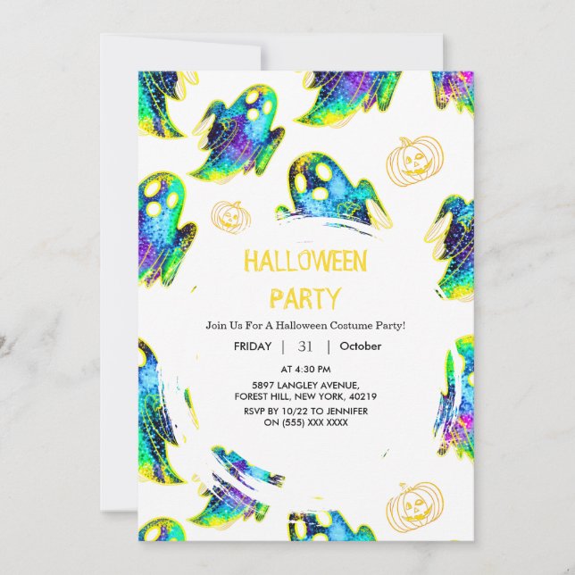 Black | Modern Glitter Pumpkin Ghost Halloween Invitation (Front)