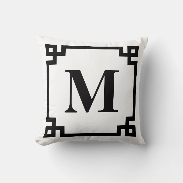 Black Modern Greek Key Border Monogram Throw Pillow (Front)