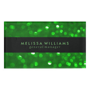 Black & Modern Green Bokeh Glitter Texture Name Tag