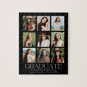 Black Modern Grid 9 Photo Collage Graduation Jigsaw Puzzle