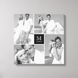 Black Modern Grid Monogram Wedding 4 Photo Collage Canvas Print