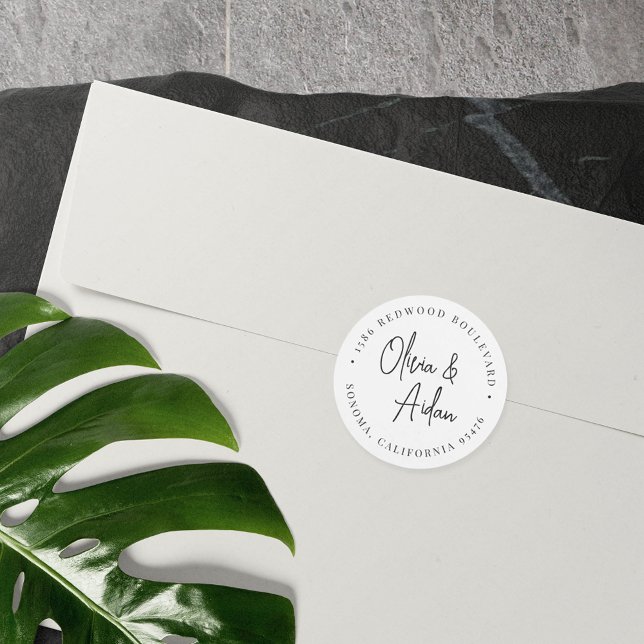 Black | Modern Handwritten Wedding Return Address Classic Round Sticker (Creator Uploaded)