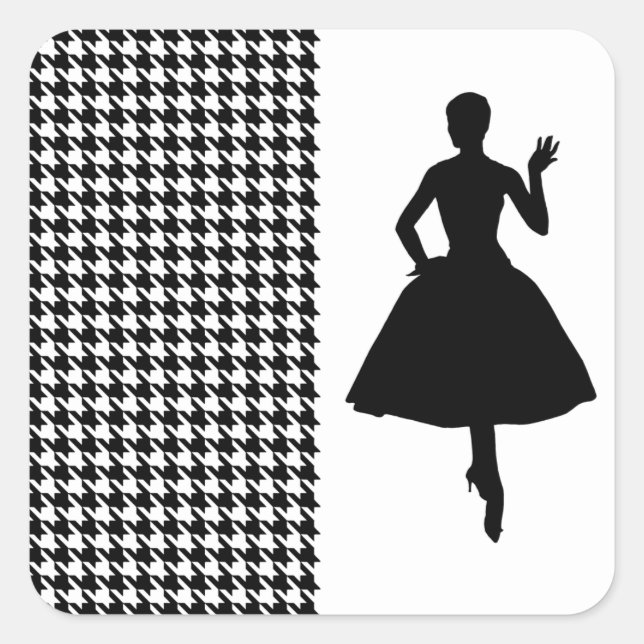 Black Modern Houndstooth with Fashion Silhouette Square Sticker (Front)